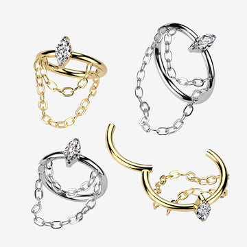 Detail View 1 of Implant Grade Titanium Golden Double Chained Marquise Sparkle Clicker Hoop Ring-Clear Gem